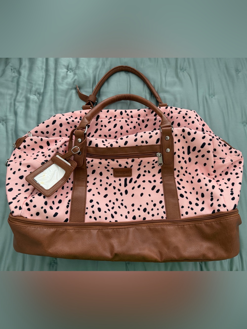 Pink Speckled Overnight Tote Bag with Brown Trim